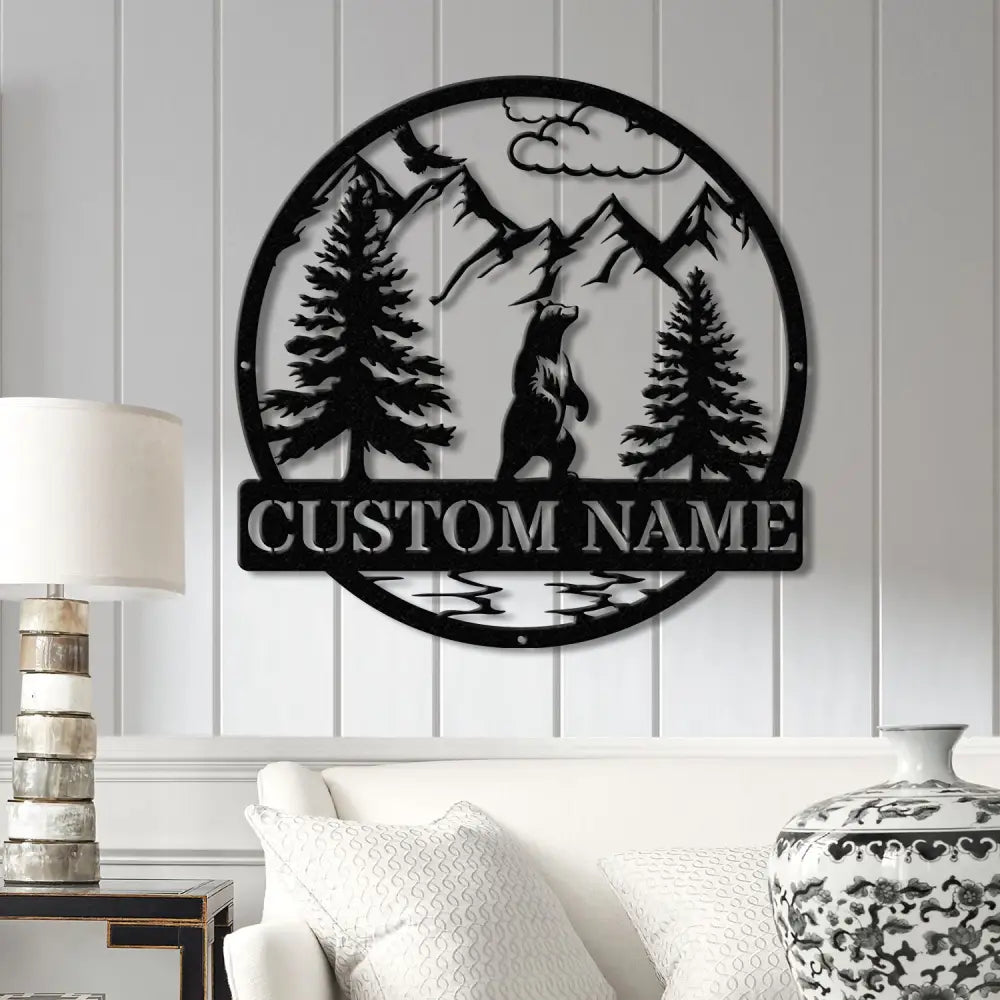 Personalized Wilderness Bear Cabin Sign with Led Light - Rustic Mountain Decor Metal Bear Outdoor Sign Cabin Door Decor