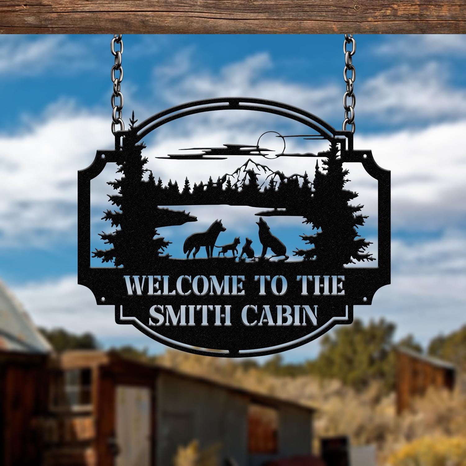 Personalized Wolf Howling Metal Cabin Sign, Custom Wolf Name Sign, Great Outdoor, Weatherproof Sign, Farm Sign, Custom Metal Cabin Sign