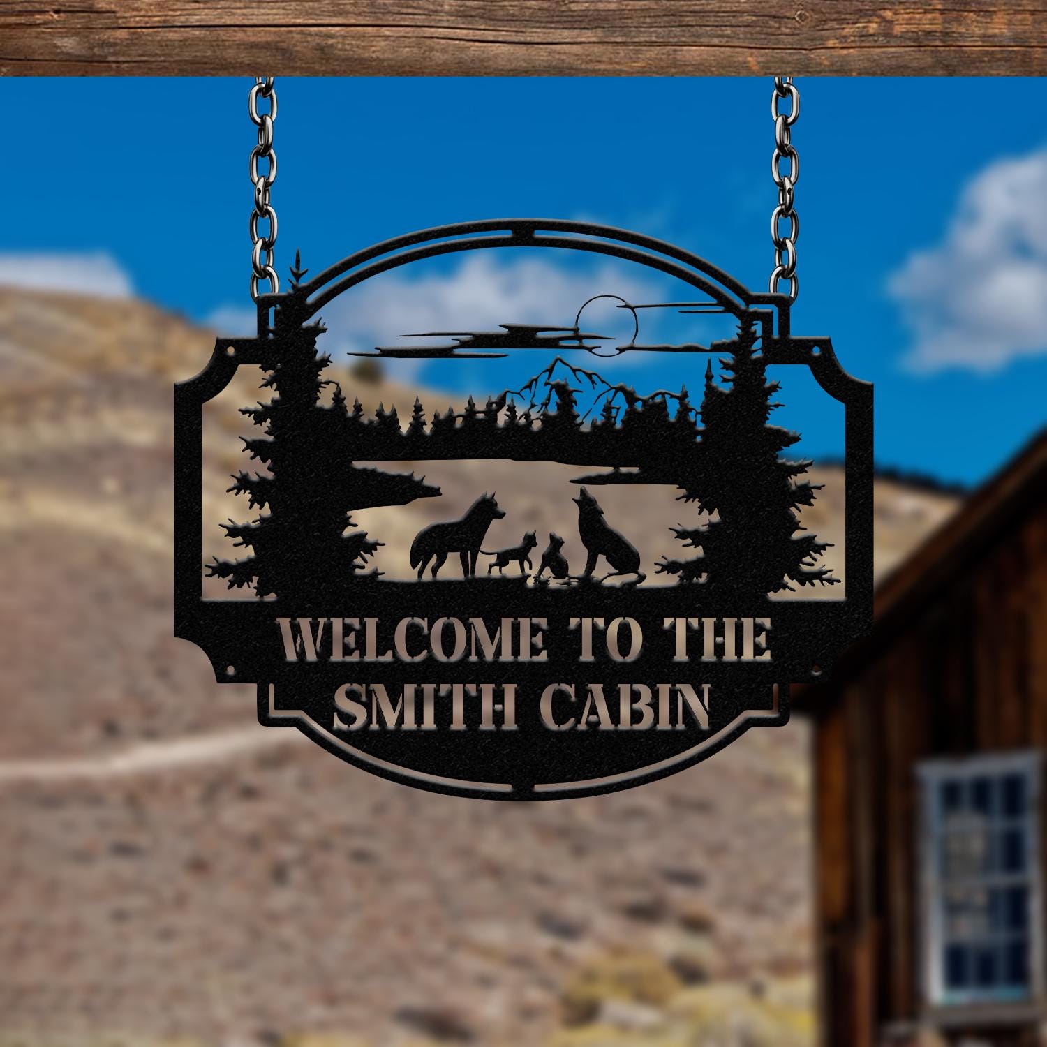 Personalized Wolf Howling Metal Cabin Sign, Custom Wolf Name Sign, Great Outdoor, Weatherproof Sign, Farm Sign, Custom Metal Cabin Sign