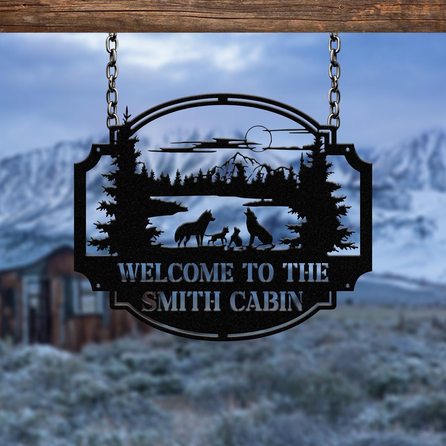 Personalized Wolf Howling Metal Cabin Sign, Custom Wolf Name Sign, Great Outdoor, Weatherproof Sign, Farm Sign, Custom Metal Cabin Sign