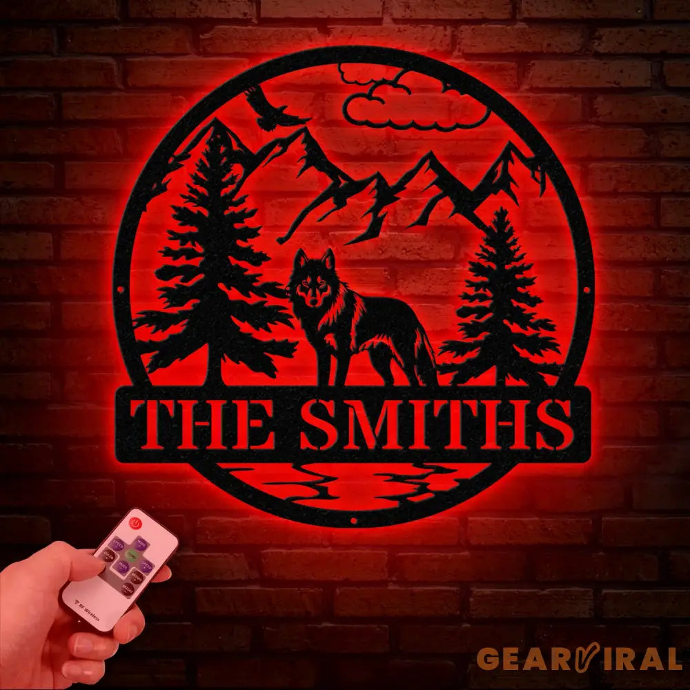 Personalized Wolf Metal Sign Custom Family Name Sign Outdoor Wildlife Metal Wall Art Rustic Mountain Scene Decor