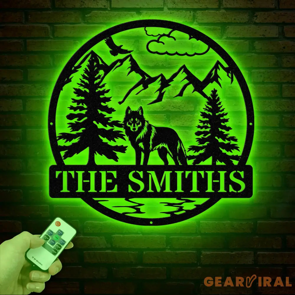 Personalized Wolf Metal Sign Custom Family Name Sign Outdoor Wildlife Metal Wall Art Rustic Mountain Scene Decor