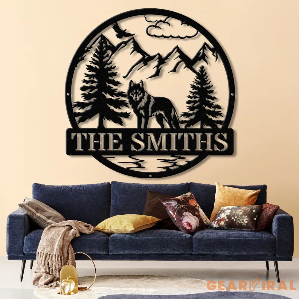 Personalized Wolf Metal Sign Custom Family Name Sign Outdoor Wildlife Metal Wall Art Rustic Mountain Scene Decor