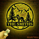 Personalized Wolf Metal Sign Custom Family Name Sign Outdoor Wildlife Metal Wall Art Rustic Mountain Scene Decor
