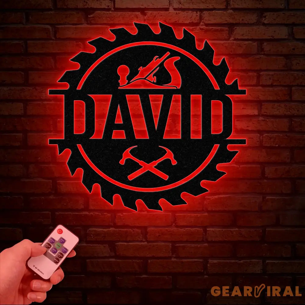 Personalized Wood Shop Sawblade Metal Sign with LED Light Custom Monogram Sign Construction Trades Decor Gift for Him
