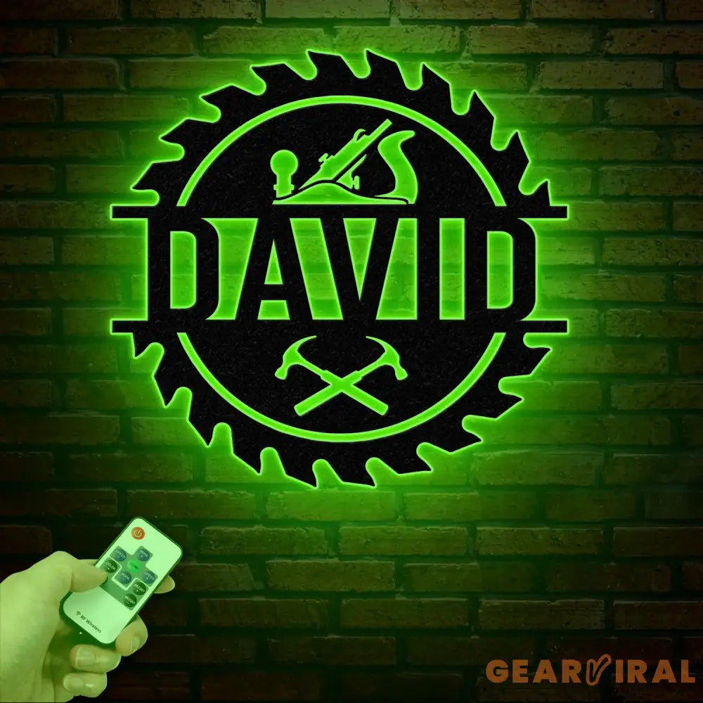 Personalized Wood Shop Sawblade Metal Sign with LED Light Custom Monogram Sign Construction Trades Decor Gift for Him