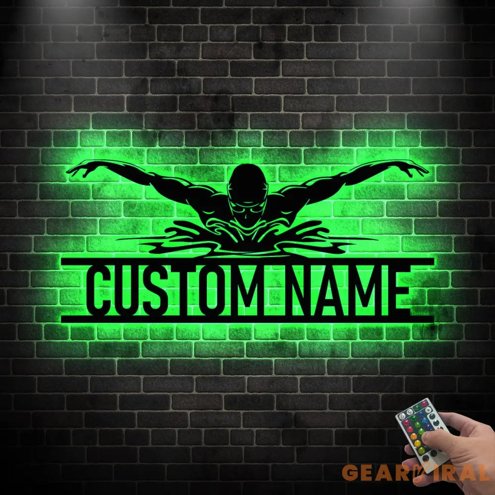 PersonalizedMan Swimmer Metal Wall Art LED Light - Custom Swimming Butterfly Stroke Swim Team Name Sign - Home Decor