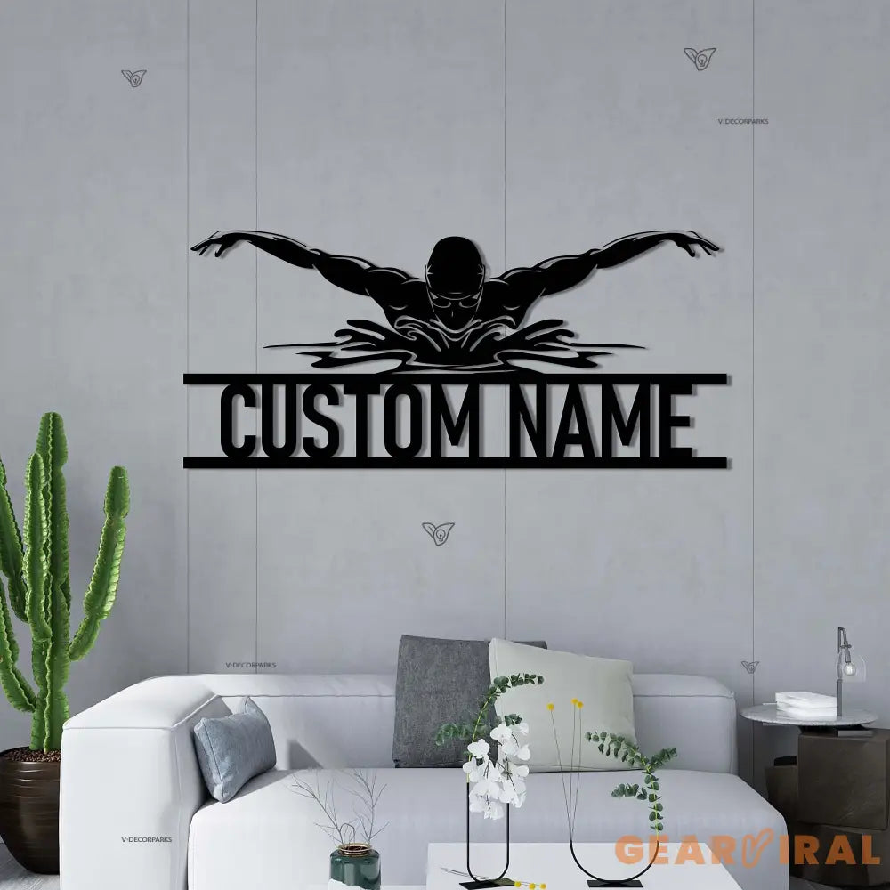 PersonalizedMan Swimmer Metal Wall Art LED Light - Custom Swimming Butterfly Stroke Swim Team Name Sign - Home Decor