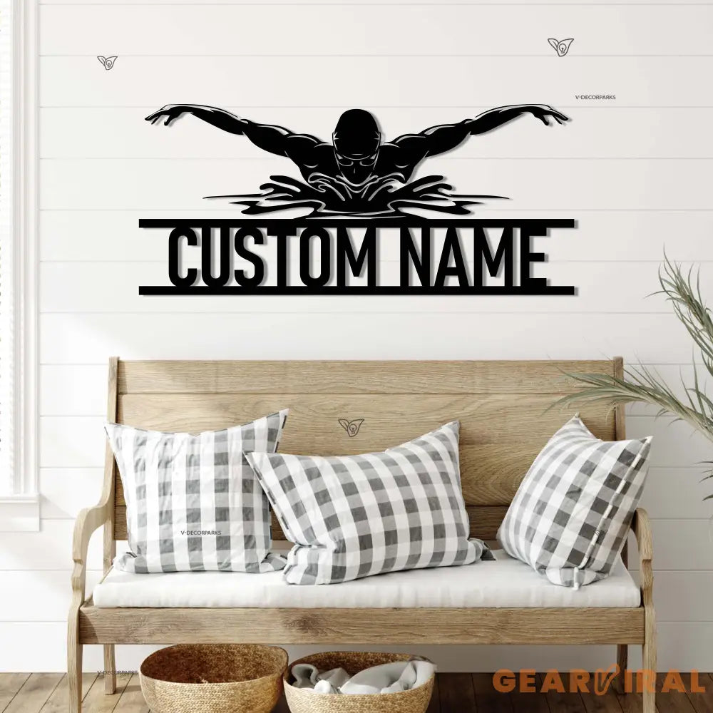 PersonalizedMan Swimmer Metal Wall Art LED Light - Custom Swimming Butterfly Stroke Swim Team Name Sign - Home Decor