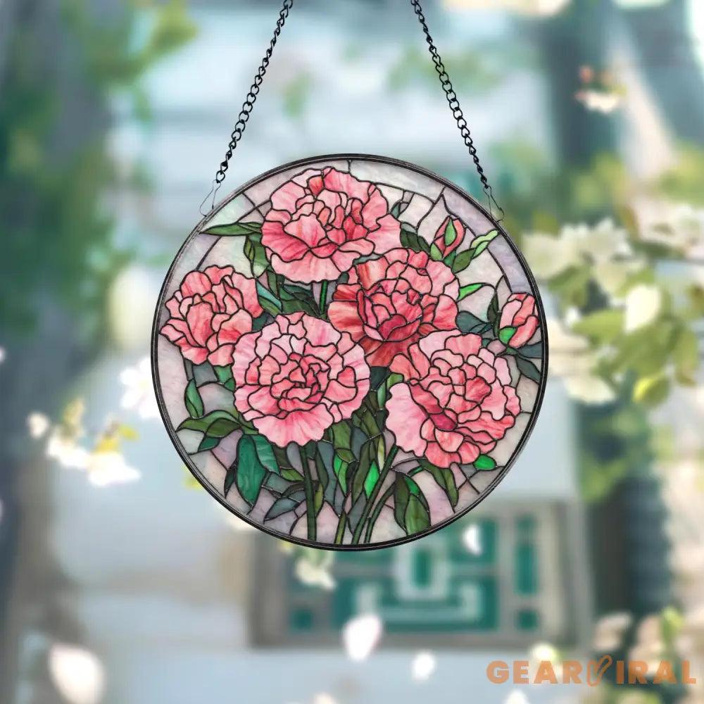 Pink Carnation Stained Glass Suncatcher Floral Window Hanging Gift for Mom Elegant Flower Panel Romantic Garden Window