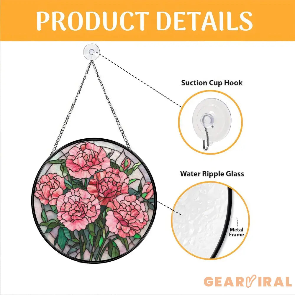 Pink Carnation Stained Glass Suncatcher Floral Window Hanging Gift for Mom Elegant Flower Panel Romantic Garden Window