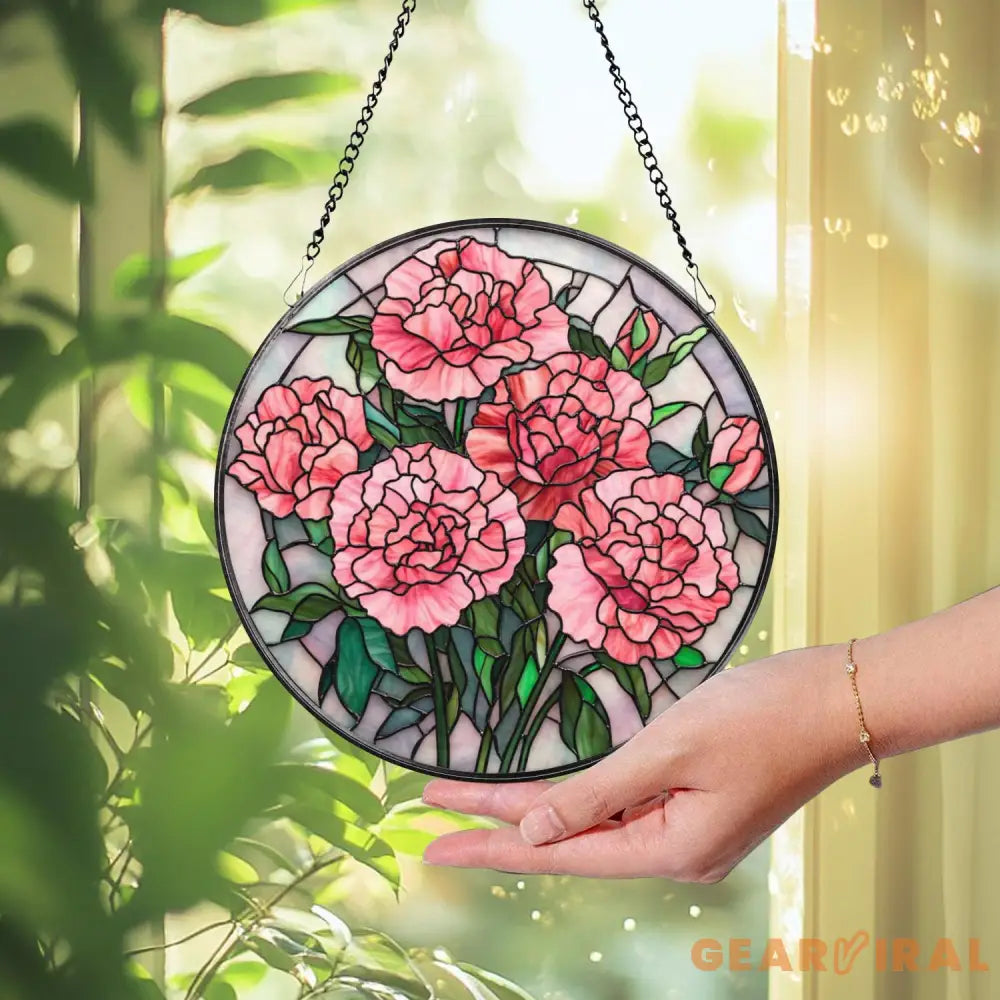 Pink Carnation Stained Glass Suncatcher Floral Window Hanging Gift for Mom Elegant Flower Panel Romantic Garden Window