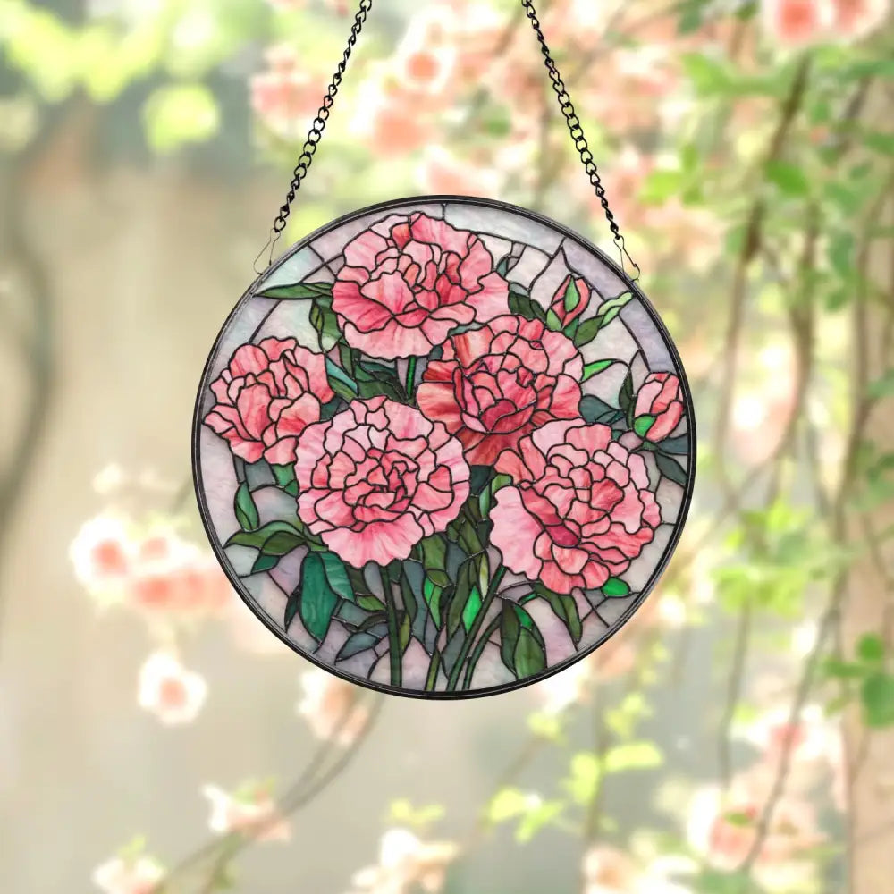 Pink Carnation Stained Glass Suncatcher Floral Window Hanging Gift for Mom Elegant Flower Panel Romantic Garden Window