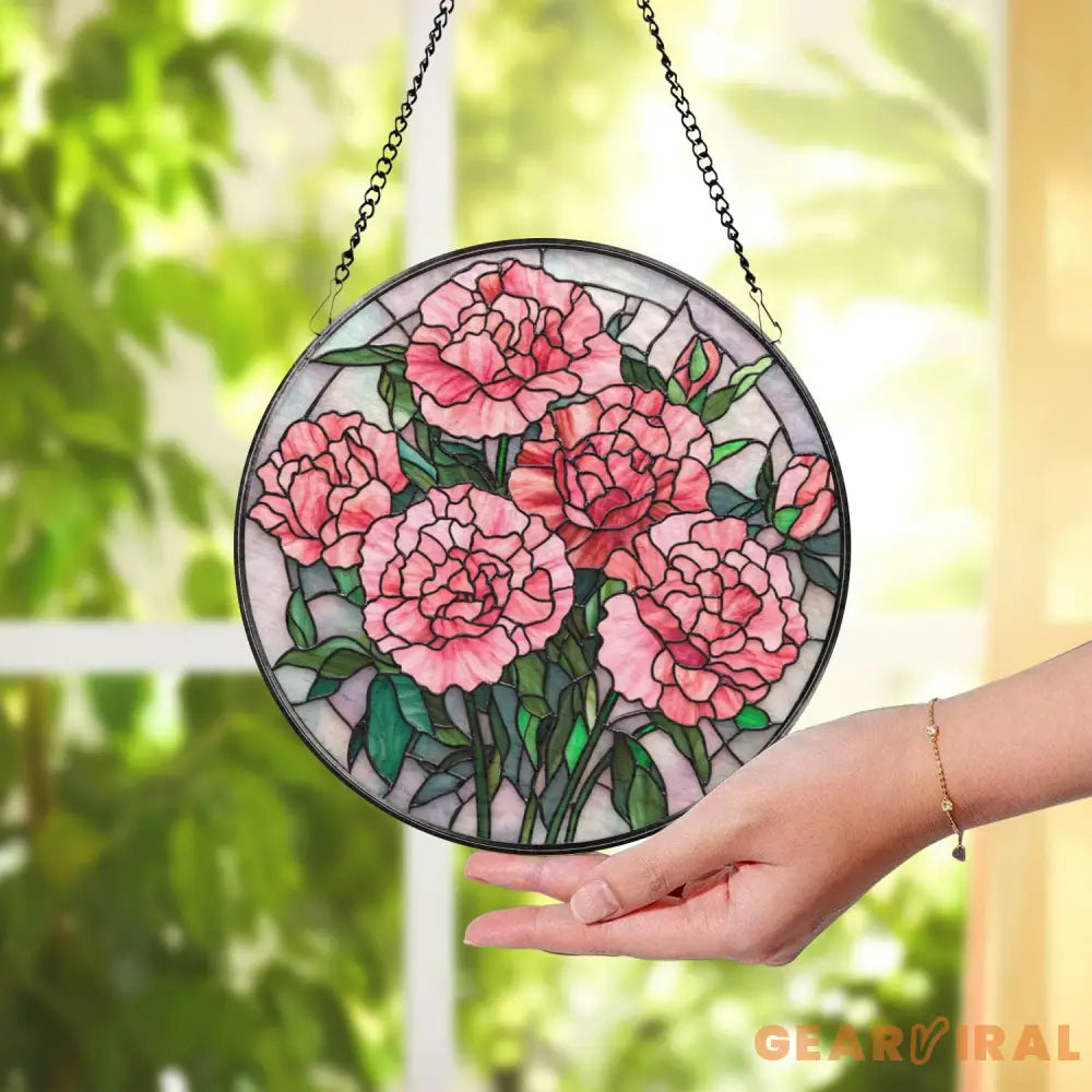 Pink Carnation Stained Glass Suncatcher Floral Window Hanging Gift for Mom Elegant Flower Panel Romantic Garden Window