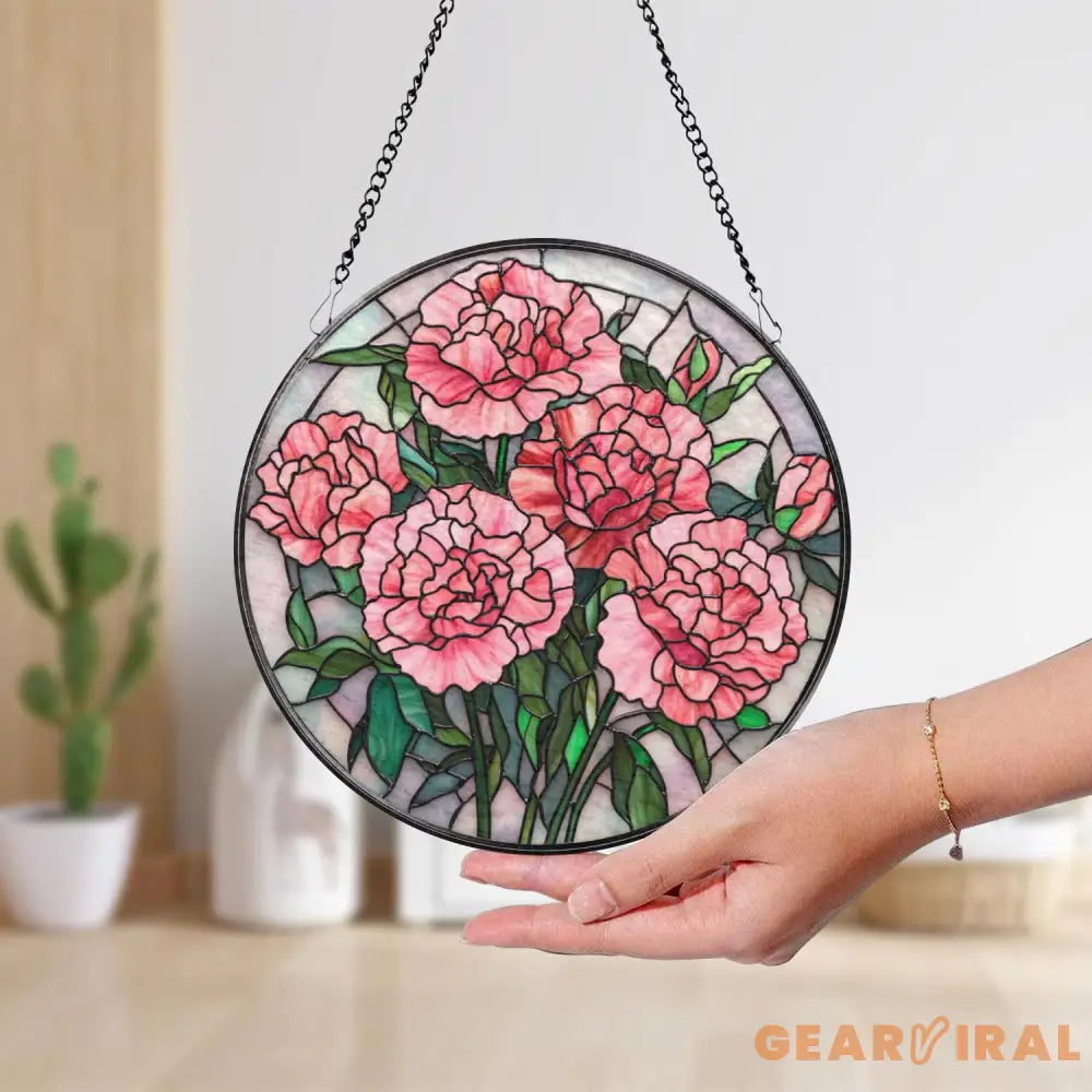 Pink Carnation Stained Glass Suncatcher Floral Window Hanging Gift for Mom Elegant Flower Panel Romantic Garden Window