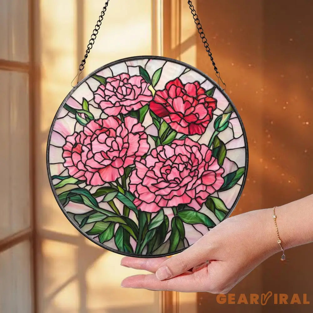 Pink Carnation Stained Glass Suncatcher Round Floral Window Hanging Mother’s Day Gift Elegant Garden Panel for Flower