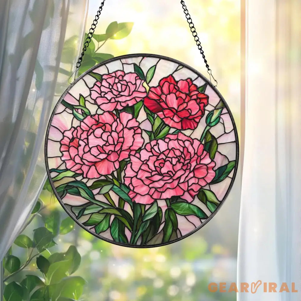 Pink Carnation Stained Glass Suncatcher Round Floral Window Hanging Mother’s Day Gift Elegant Garden Panel for Flower