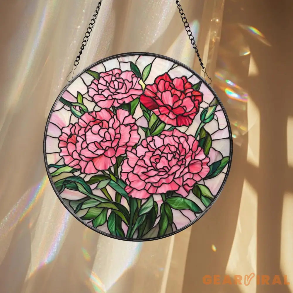Pink Carnation Stained Glass Suncatcher Round Floral Window Hanging Mother’s Day Gift Elegant Garden Panel for Flower