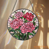 Pink Carnation Stained Glass Suncatcher Round Floral Window Hanging Mother’s Day Gift Elegant Garden Panel for Flower
