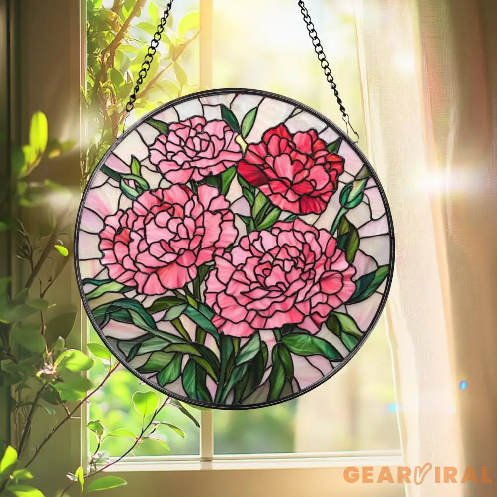 Pink Carnation Stained Glass Suncatcher Round Floral Window Hanging Mother’s Day Gift Elegant Garden Panel for Flower