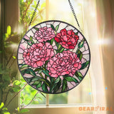 Pink Carnation Stained Glass Suncatcher Round Floral Window Hanging Mother’s Day Gift Elegant Garden Panel for Flower