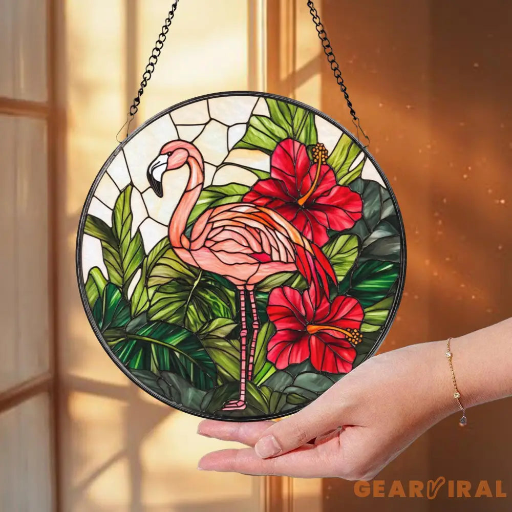 Pink Flamingo Stained Glass Suncatcher Tropical Window Hanging Decor Hibiscus Jungle Bird Panel Exotic Animal Lover