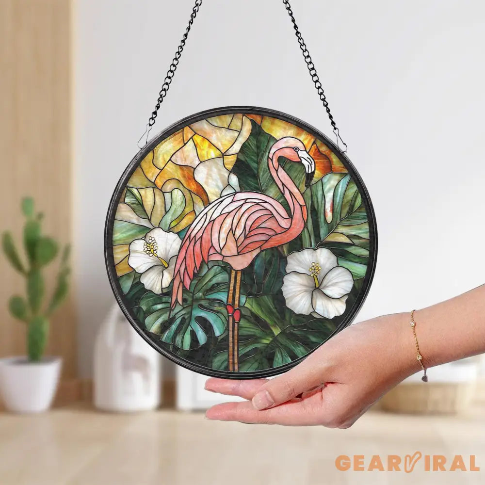 Pink Flamingo Stained Glass Window Suncatcher Bird Lover Gift Tropical House Decor Garden Sun Catcher Unique Handmade