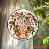 Pink Floral Vase Stained Glass Suncatcher Pastel Window Hanging Round Glass Art Panel Soft Garden Decor Gift for Her or