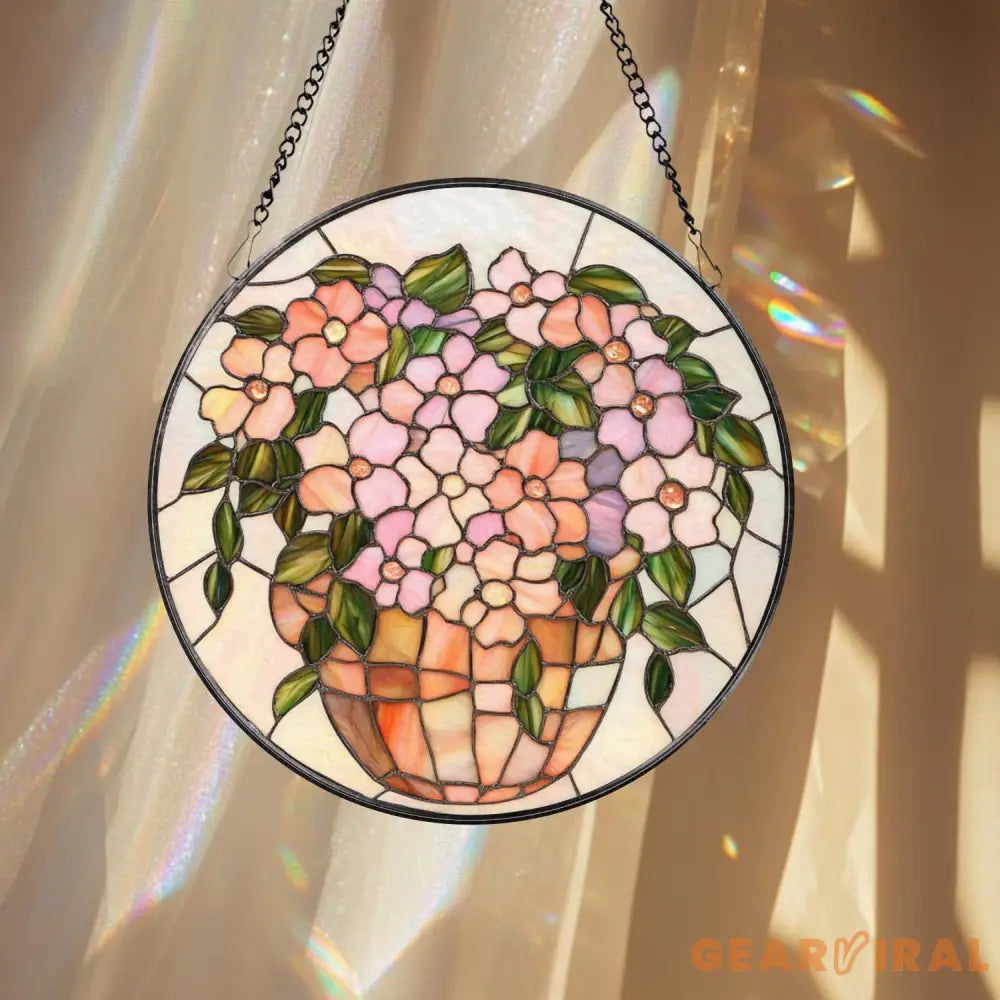 Pink Floral Vase Stained Glass Suncatcher Pastel Window Hanging Round Glass Art Panel Soft Garden Decor Gift for Her or