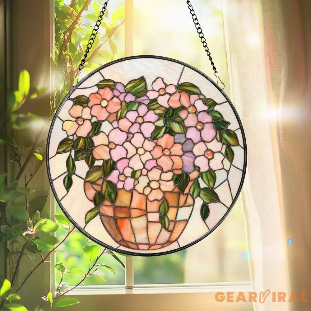 Pink Floral Vase Stained Glass Suncatcher Pastel Window Hanging Round Glass Art Panel Soft Garden Decor Gift for Her or