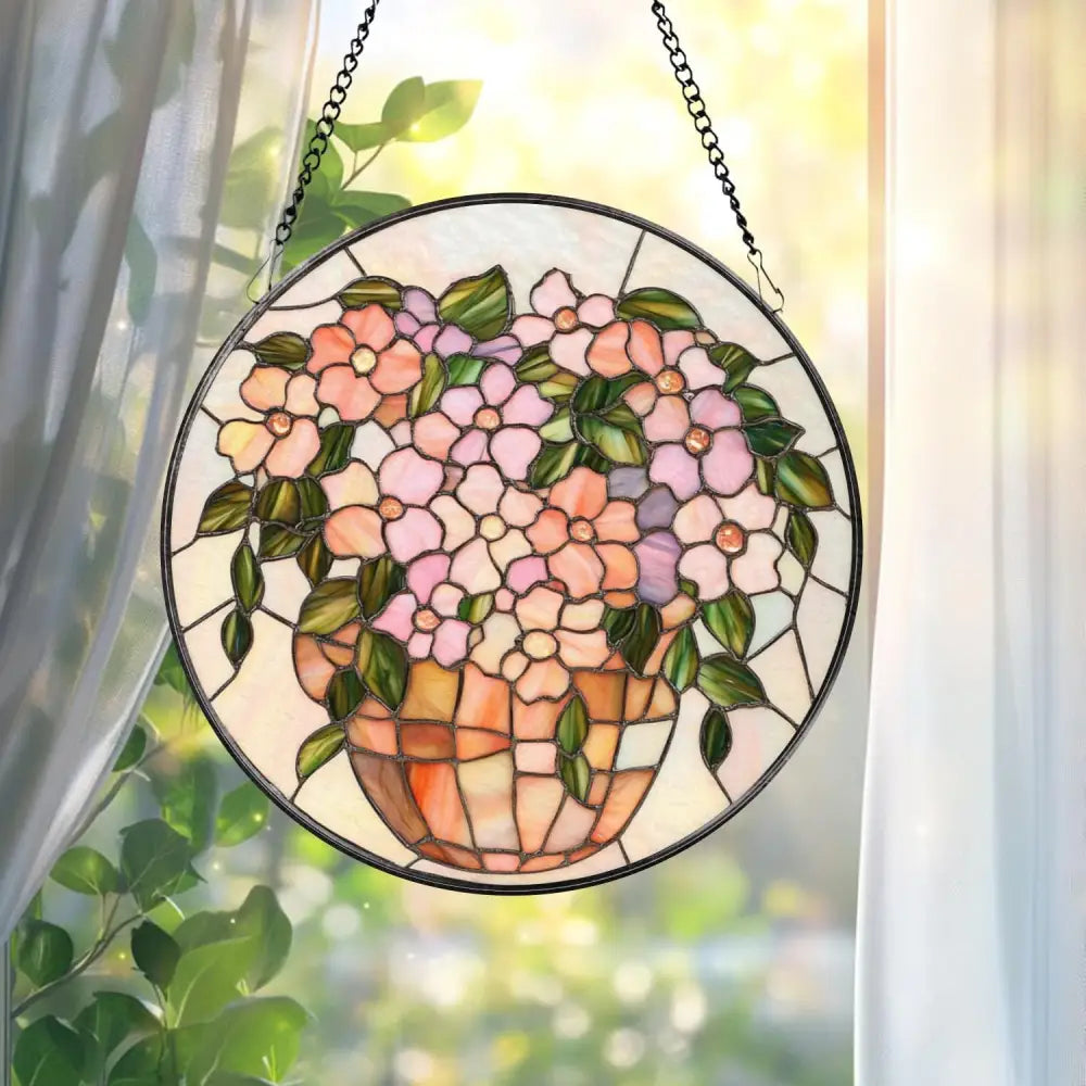Pink Floral Vase Stained Glass Suncatcher Pastel Window Hanging Round Glass Art Panel Soft Garden Decor Gift for Her or
