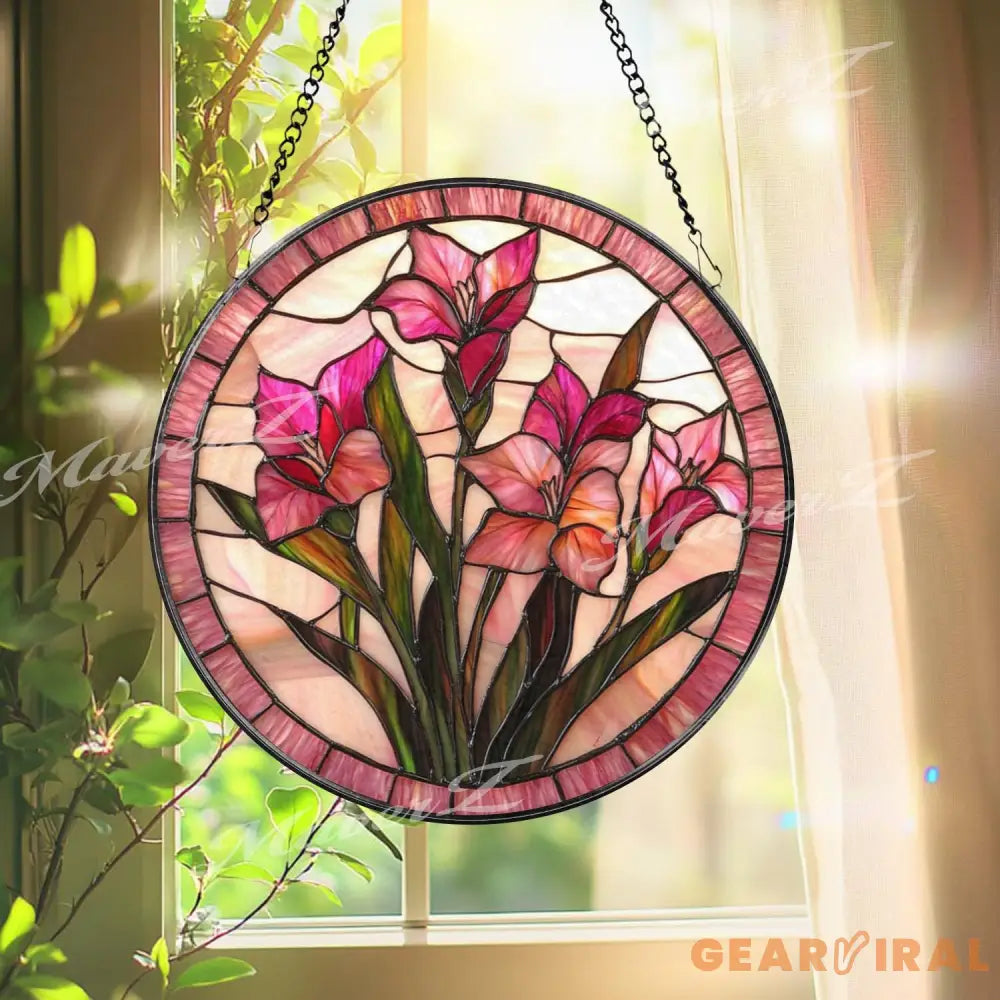 Pink Gladiolus Stained Glass Suncatcher Floral Window Panel Hanging Gift Elegant Botanical Flower Decor Handmade Glass