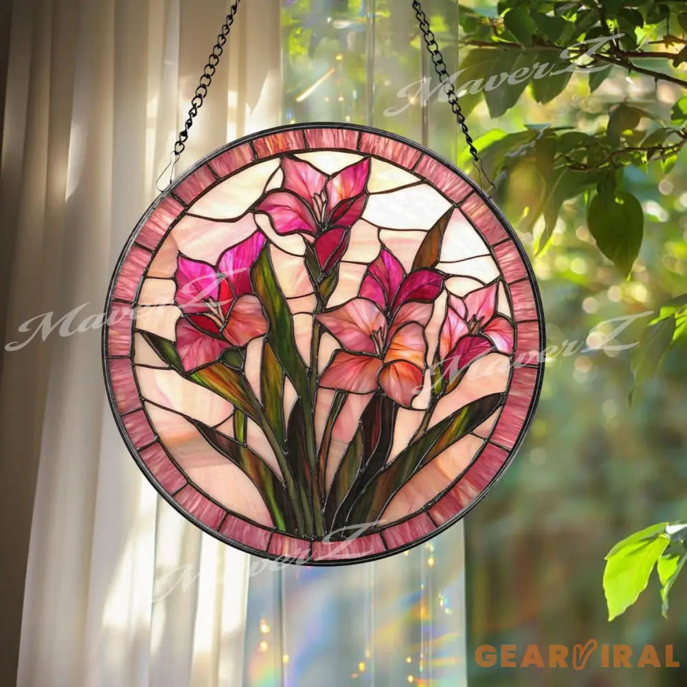 Pink Gladiolus Stained Glass Suncatcher Floral Window Panel Hanging Gift Elegant Botanical Flower Decor Handmade Glass