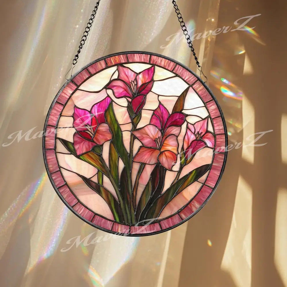 Pink Gladiolus Stained Glass Suncatcher Floral Window Panel Hanging Gift Elegant Botanical Flower Decor Handmade Glass