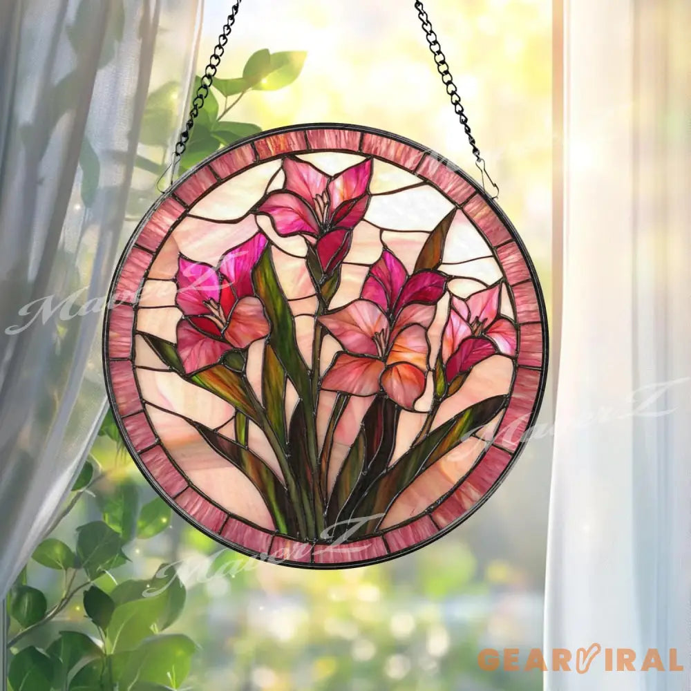 Pink Gladiolus Stained Glass Suncatcher Floral Window Panel Hanging Gift Elegant Botanical Flower Decor Handmade Glass