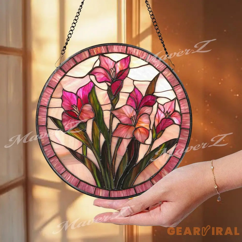 Pink Gladiolus Stained Glass Suncatcher Floral Window Panel Hanging Gift Elegant Botanical Flower Decor Handmade Glass