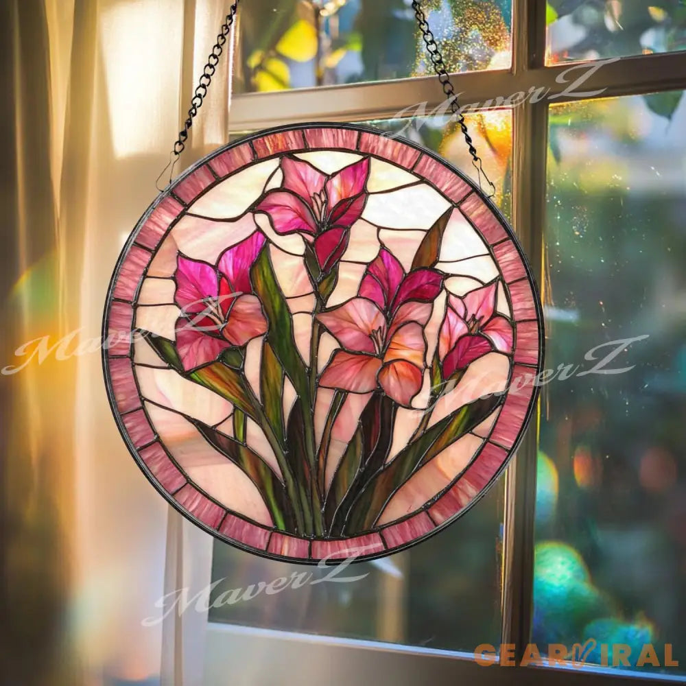 Pink Gladiolus Stained Glass Suncatcher Floral Window Panel Hanging Gift Elegant Botanical Flower Decor Handmade Glass
