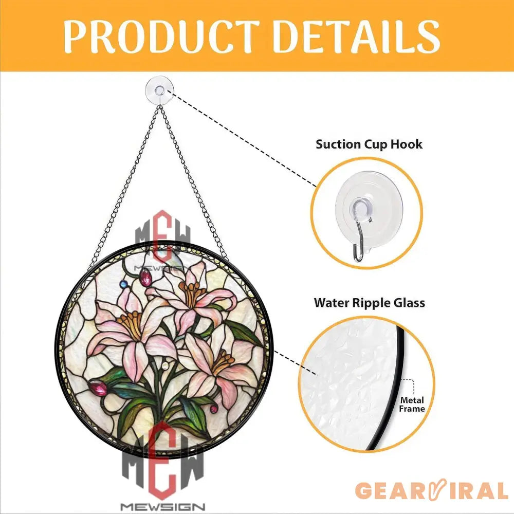 Pink Lily Stained Glass Suncatcher Floral Window Hanging Elegant Round Glass Panel Pastel Flower Decor Garden Lover Gift
