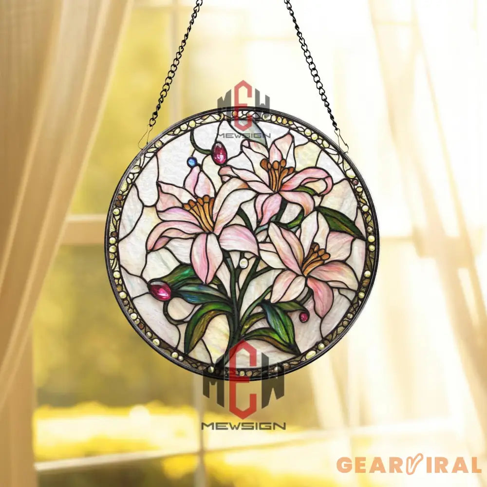 Pink Lily Stained Glass Suncatcher Floral Window Hanging Elegant Round Glass Panel Pastel Flower Decor Garden Lover Gift
