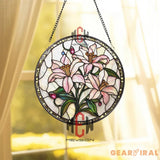 Pink Lily Stained Glass Suncatcher Floral Window Hanging Elegant Round Glass Panel Pastel Flower Decor Garden Lover Gift