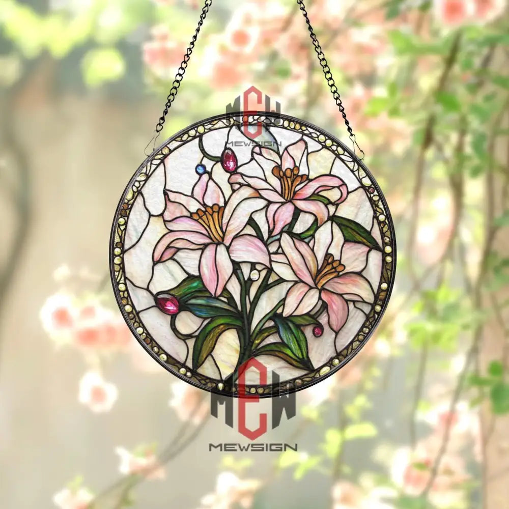 Pink Lily Stained Glass Suncatcher Floral Window Hanging Elegant Round Glass Panel Pastel Flower Decor Garden Lover Gift