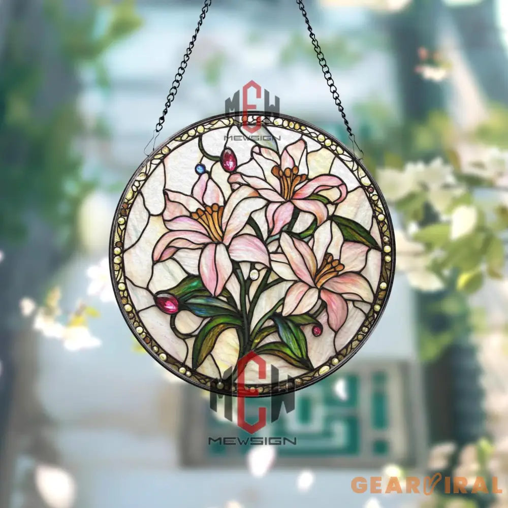 Pink Lily Stained Glass Suncatcher Floral Window Hanging Elegant Round Glass Panel Pastel Flower Decor Garden Lover Gift
