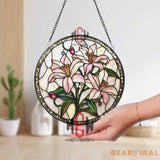 Pink Lily Stained Glass Suncatcher Floral Window Hanging Elegant Round Glass Panel Pastel Flower Decor Garden Lover Gift