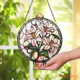 Pink Lily Stained Glass Suncatcher Floral Window Hanging Elegant Round Glass Panel Pastel Flower Decor Garden Lover Gift