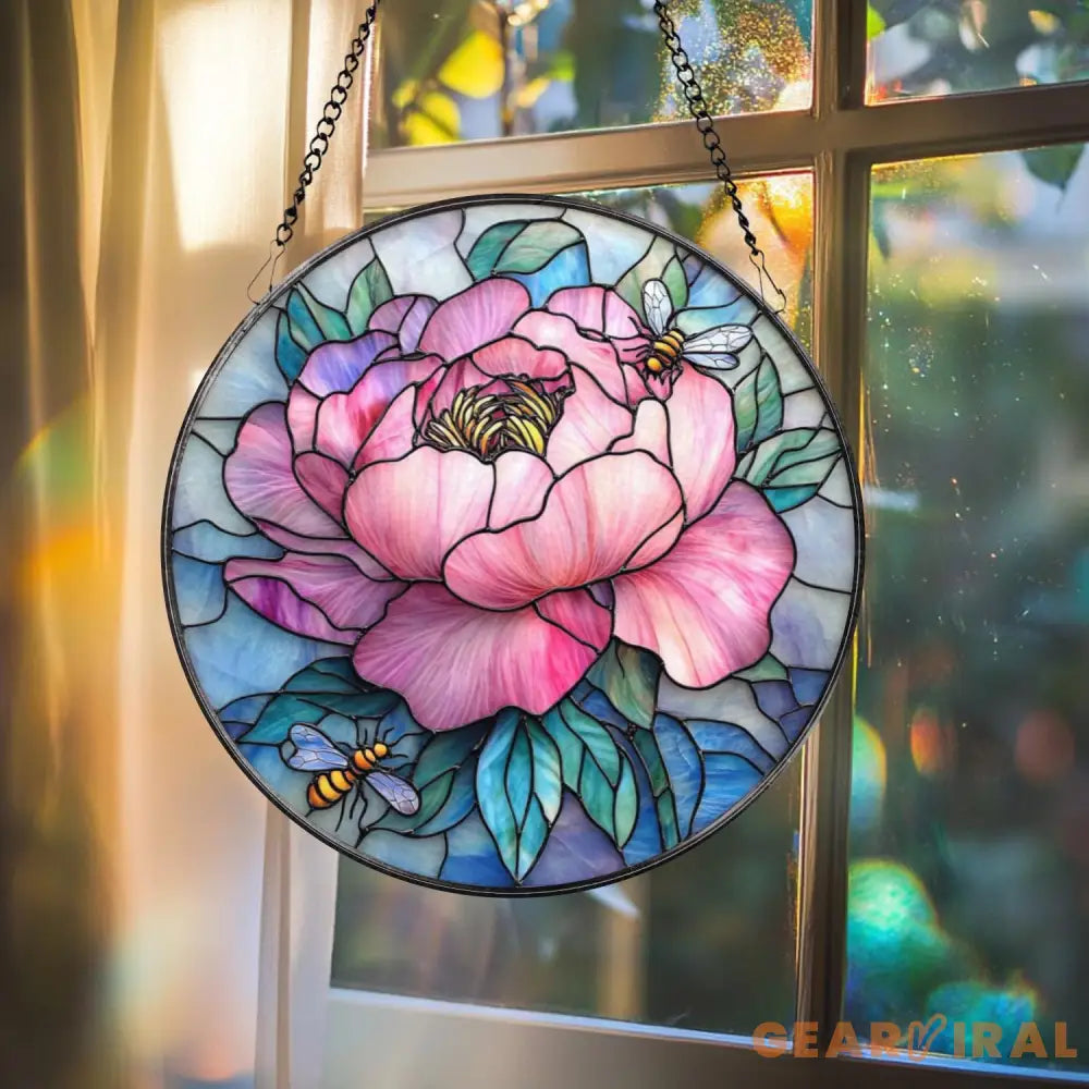 Pink Peony & Bees Stained Glass Suncatcher Round Floral Window Hanging Spring Garden Decor Gift Elegant Flower Glass