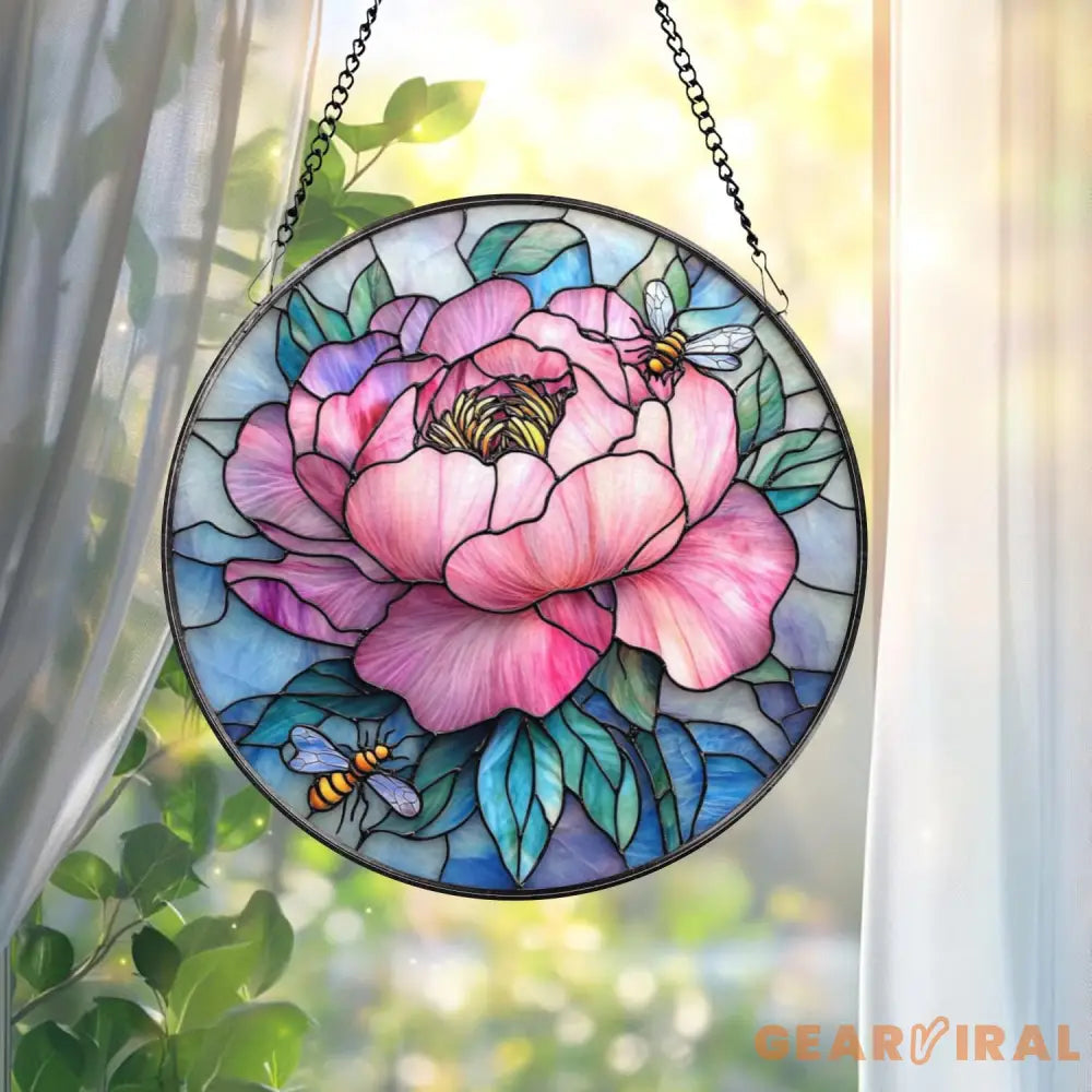 Pink Peony & Bees Stained Glass Suncatcher Round Floral Window Hanging Spring Garden Decor Gift Elegant Flower Glass
