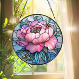 Pink Peony & Bees Stained Glass Suncatcher Round Floral Window Hanging Spring Garden Decor Gift Elegant Flower Glass