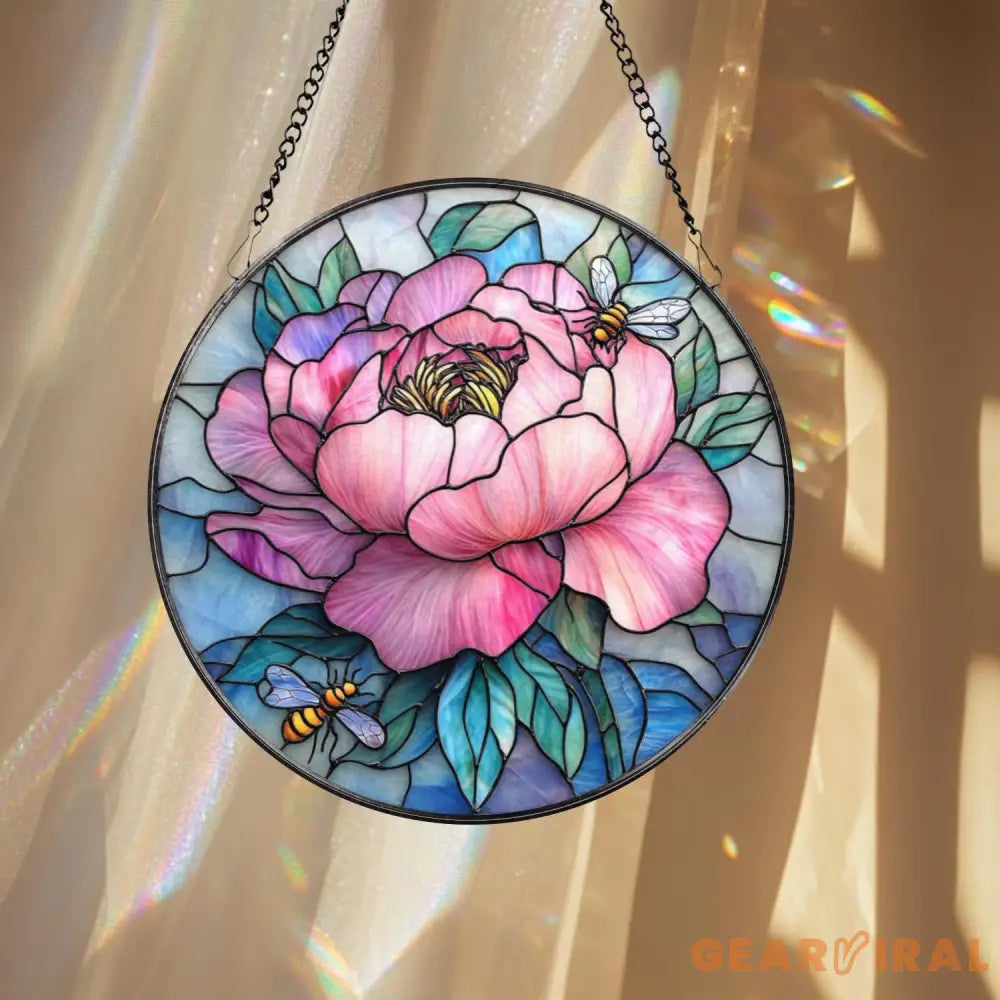 Pink Peony & Bees Stained Glass Suncatcher Round Floral Window Hanging Spring Garden Decor Gift Elegant Flower Glass