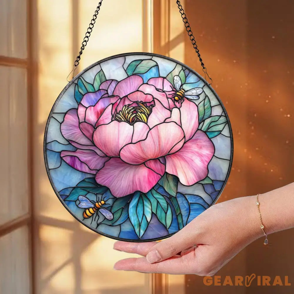 Pink Peony & Bees Stained Glass Suncatcher Round Floral Window Hanging Spring Garden Decor Gift Elegant Flower Glass