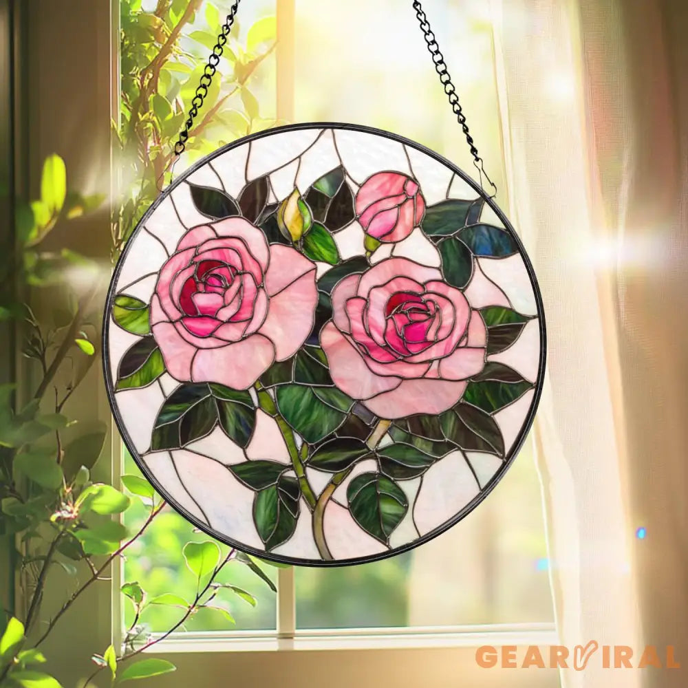 Pink Rose Stained Glass Suncatcher – Romantic Floral Window Hanging Rose Lover Gift Elegant Glass Art for Mom or Garden